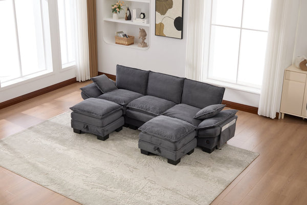 English Elm Sectional Cloud Sofa Modular Deep Seat Corduroy Upholstered Living Room Couch with Storage Dark Gray W395S00133