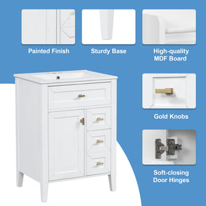 English Elm "24'' 24 Inch Glossy Freestanding Bathroom Vanity with Gold Hardware and Soft Close Storage White Rubberwood N725P448529K