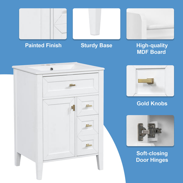 English Elm "24'' 24 Inch Glossy Freestanding Bathroom Vanity with Gold Hardware and Soft Close Storage White Rubberwood N725P448529K