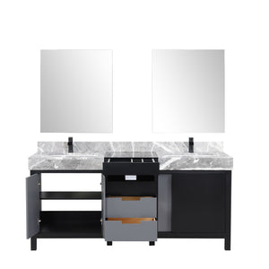 English Elm Black Double Bath Vanity 72" W With Castle Grey Marble Top, Matte Black Faucets & 28" Mirrors Set B2731S01158