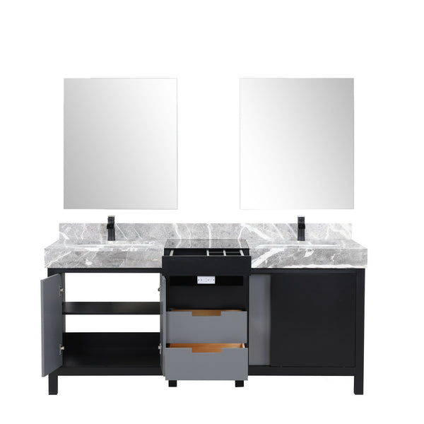 English Elm Black Double Bath Vanity 72" W With Castle Grey Marble Top, Matte Black Faucets & 28" Mirrors Set B2731S01158