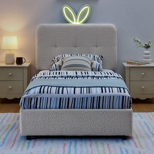 English Elm Twin Kids Boucle Upholstered Bed Rabbit Ear Headboard Led Lighting Four Storage Drawers Beige W1413P384921