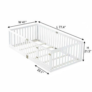 English Elm Twin Floor Bed Solid Rubber Wood with Tall Safety Railings for Toddler Sleep White W504P287652
