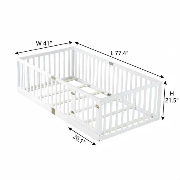 English Elm Twin Floor Bed Solid Rubber Wood with Tall Safety Railings for Toddler Sleep White W504P287652