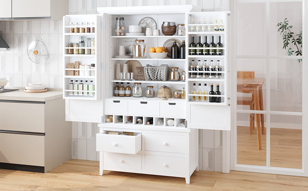English Elm Topmax Freestanding Pine Wood Kitchen Pantry Cabinet with Wine Rack White SP000070AAK