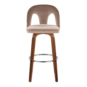 English Elm Fixed-height Swivel Barstools Walnut Legs Taupe Velvet Seat Chrome Footrest Set B202S01889
