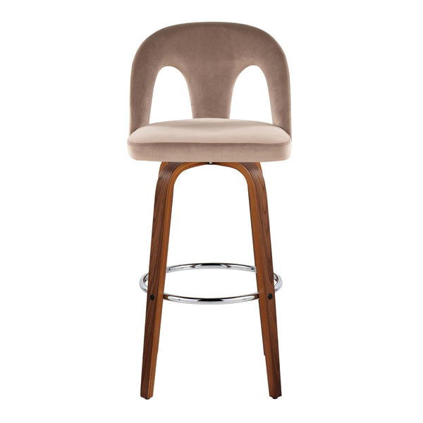 English Elm Fixed-height Swivel Barstools Walnut Legs Taupe Velvet Seat Chrome Footrest Set B202S01889