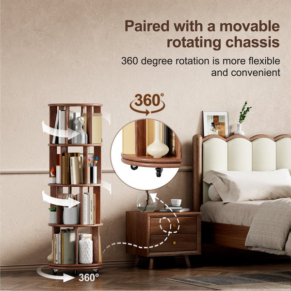 English Elm 100%solid Rubberwood Rotating Tower Bookcase with Locking Wheels 4 Tier Round Shelf W2987P337932
