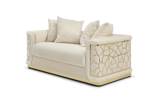 English Elm Talia Chic Micro Suede Loveseat with Patterned Arms, Gloss Brass Trim & Kiln-Dried Hardwood Frame Ivory 35 L x 26 W x 69 H B078P301557