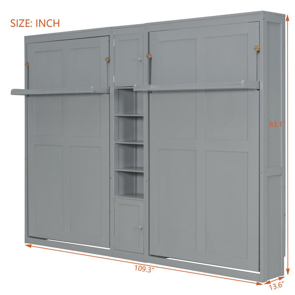 English Elm Dual Twin Wall Murphy Beds with Storage Tower Shelves for Kids or Guest Rooms Gray N820S00058E-1
