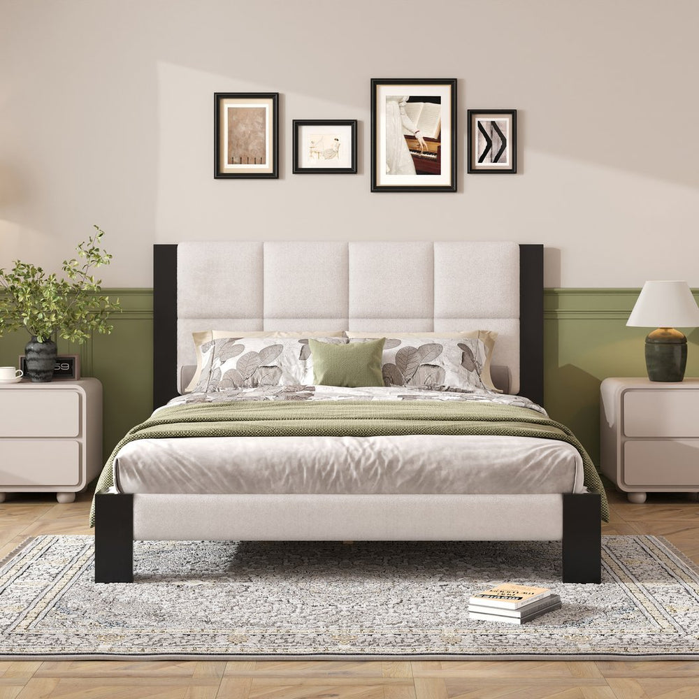 English Elm Christopher Knight Home® - Boucle Queen Upholstered Bed Frame with Square-Stitched Headboard, Beige Fabric & Black Legs - Cozy Platform Design N758Q545253A