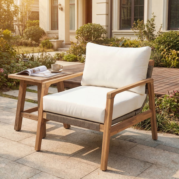 English Elm Outdoor Acacia Wood Rope Club Chair with Cushion for Coastal Patio Comfort N772P415592T