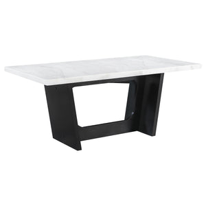 English Elm Yorba Marble Top Trestle Dining Set with Tufted Velvet Chairs for Modern Spaces B062S01667