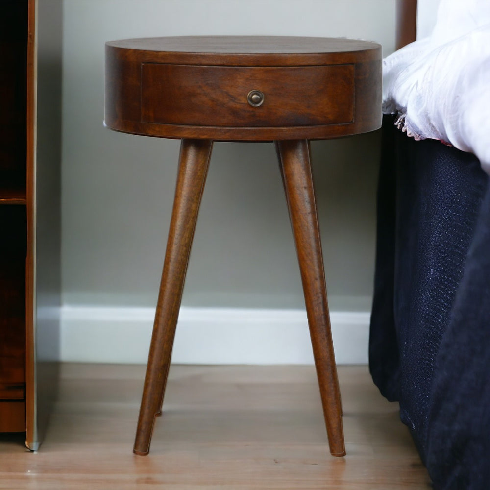 English Elm Nordic Chestnut Circular Nightstand with Solid Wood Nordic Legs, 1 Drawer — Timeless Elegant Accent B182P166532