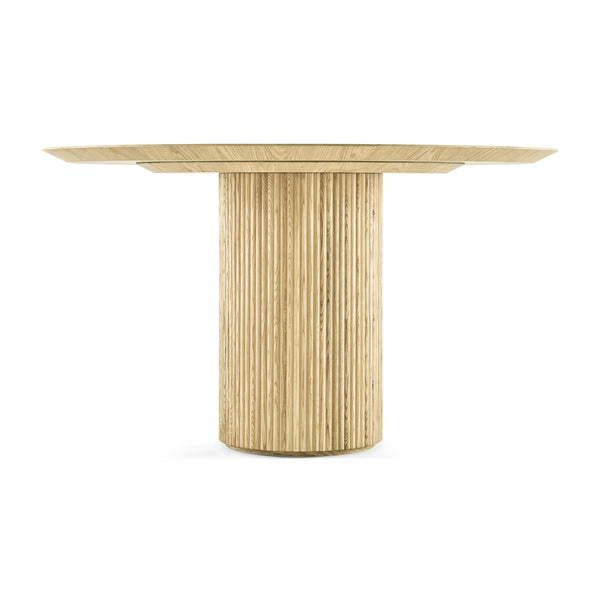 English Elm Fluted Piper Natural Wood Round Dining Table — Ash Top, Fluted Pillar Base, Warm Curved Silhouette, 56" Diameter B353S00001