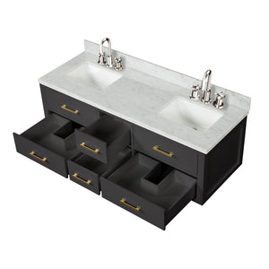 English Elm Black Double Bath Vanity With Carrara Marble Top, Soft-Close Drawers & Complete Faucet Set Included B2731P258034