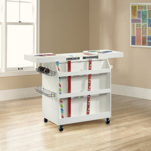 English Elm Traditional White Craft Cart with Slide Out Worktop Drawers and Rolling Storage B356P402721