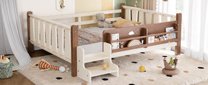English Elm Twin Pine Floor Bed for Kids with Side Bookcases Built-in Stairs and Safety Guardrails Beige W1580P390220