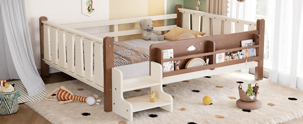 English Elm Twin Pine Floor Bed for Kids with Side Bookcases Built-in Stairs and Safety Guardrails Beige W1580P390220