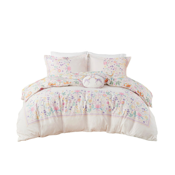 English Elm Full/Queen UHK Lulu Reversible Floral Cotton Duvet Set with Jungle Animals, Pom Pom Pillow, BCI Cotton B035P217814