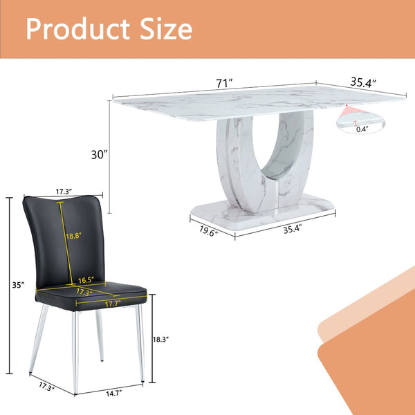 English Elm Table Modern Marble Pattern Dining Set - 71"X35.4" Tempered Glass Table With 8 Stylish Black Chairs W1151S02126-GIGA