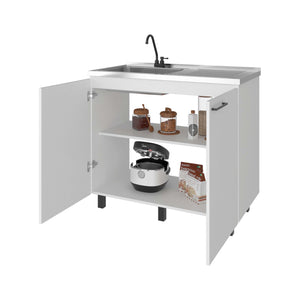 English Elm White Melamine Utility Sink Cabinet with Open Shelving for Laundry and Mudroom B062S01871