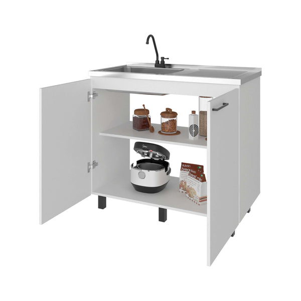 English Elm White Melamine Utility Sink Cabinet with Open Shelving for Laundry and Mudroom B062S01871