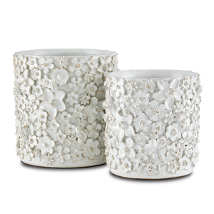 Jessamine Decorative White Cachepot - Artisan-Crafted Floral Design for Indoor Plant Display