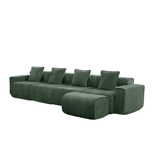 English Elm Streamlined Modular L-shaped Sectional Velvet Sofa with Ottoman and Tailored Piping Detail Green W3041S00369