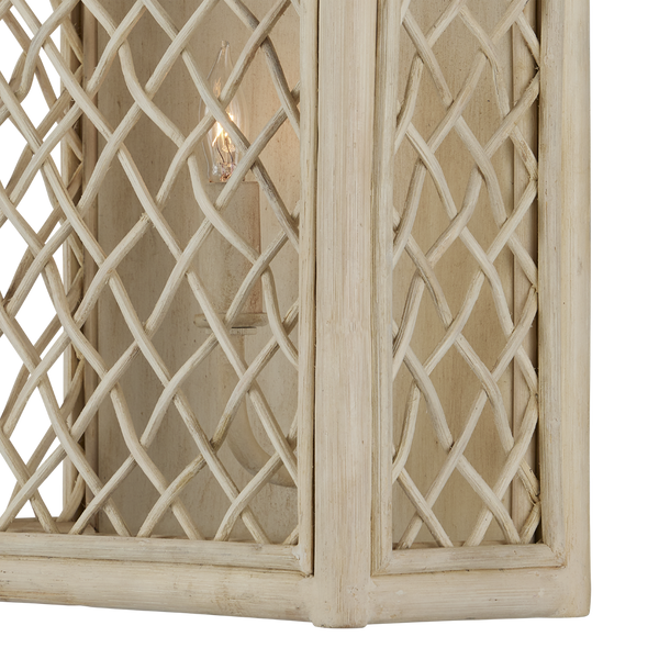 Wanstead Ivory Wall Sconce - Handcrafted Rattan Lantern with Antique Pearl Finish for Coastal Decor