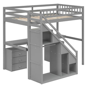 English Elm Twin Loft Bed with Staircase Desk Dual Drawers and Led Strip for Kids Rooms Gray LT000257AAE-1