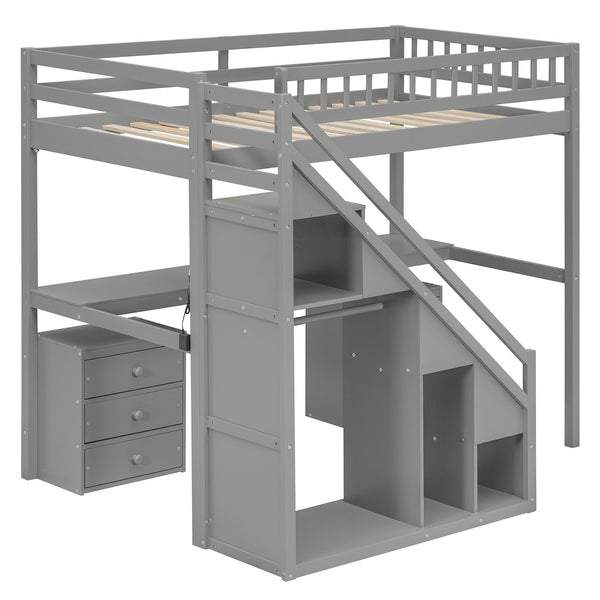 English Elm Twin Loft Bed with Staircase Desk Dual Drawers and Led Strip for Kids Rooms Gray LT000257AAE-1