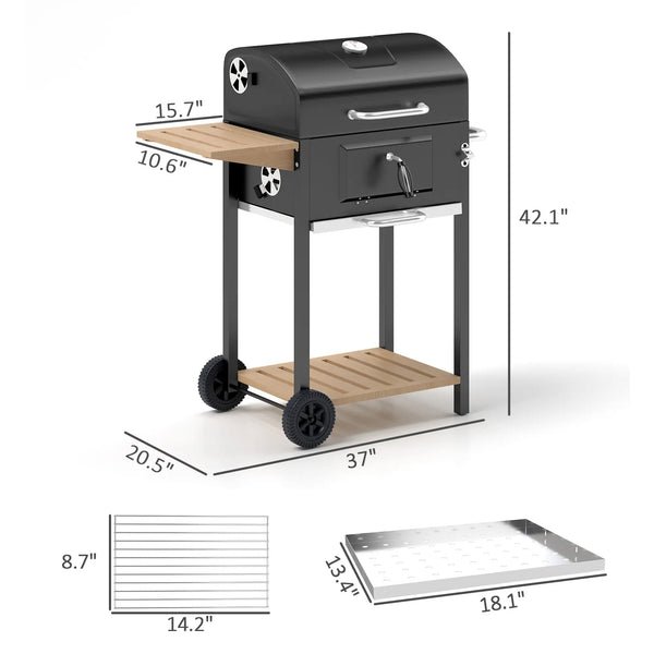 English Elm Black Charcoal Bbq Grill with Adjustable Heat Control Folding Side Table and Shelf T3971P420650