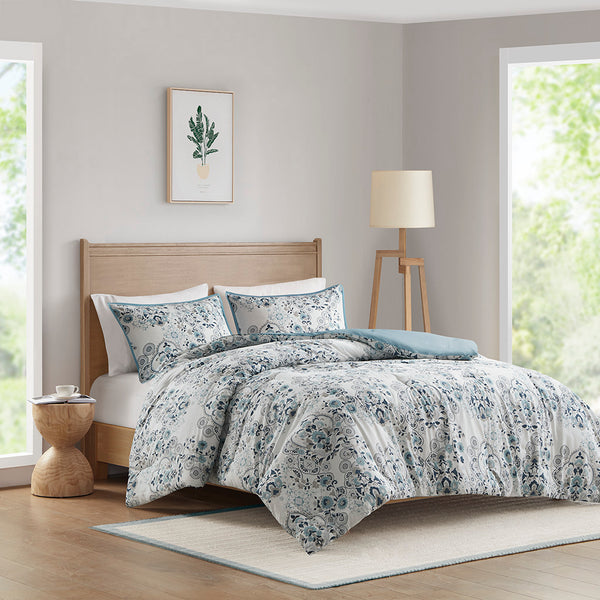 JLA Home Madison Park - 3 Floral Cotton Comforter Set — Modern Farmhouse Botanical Print, OEKO-TEX, Hypoallergenic Fill, Machine Washable MP10-8368