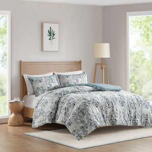 Madison Park Brielle Casual 3 Piece Floral Printed Cotton Comforter Set MP10-8368 Blue