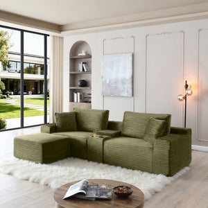 English Elm Modular Cloud Sectional Sofa with Corduroy Deep Seating Usb Ports and Storage Ottoman Green W1117S00361