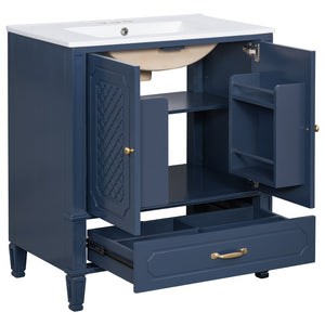 English Elm [video] 30 Inch Bathroom Vanity Acacia Wood Vintage Style Ceramic Sink Soft Close Storage N759P313313C