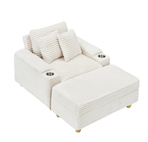 English Elm White Corduroy Single Sofa with Built-In Arm Storage, Ottoman Storage, Removable Covers, 57" W1658S00138