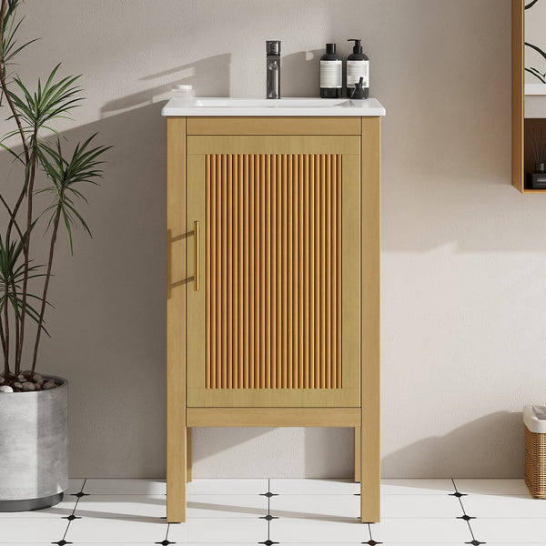 English Elm 18" Pine and Mdf Bathroom Vanity with Ceramic Basin Soft Close Hinged Cabinet N710P426321P