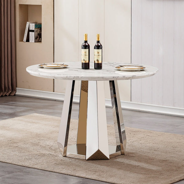 English Elm 47" Round Marble Dining Table - Modern High-Gloss Faux Marble Top With Stainless Steel Base For Style W3456S00007
