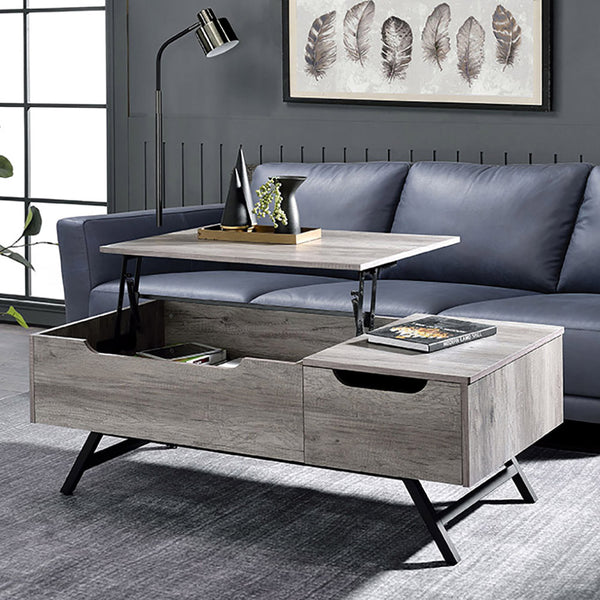 English Elm Grey Oak Rectangular Lift-Top Coffee Table with Storage Drawer, Metal Splayed Legs, Modern Rustic Appeal B062P191130