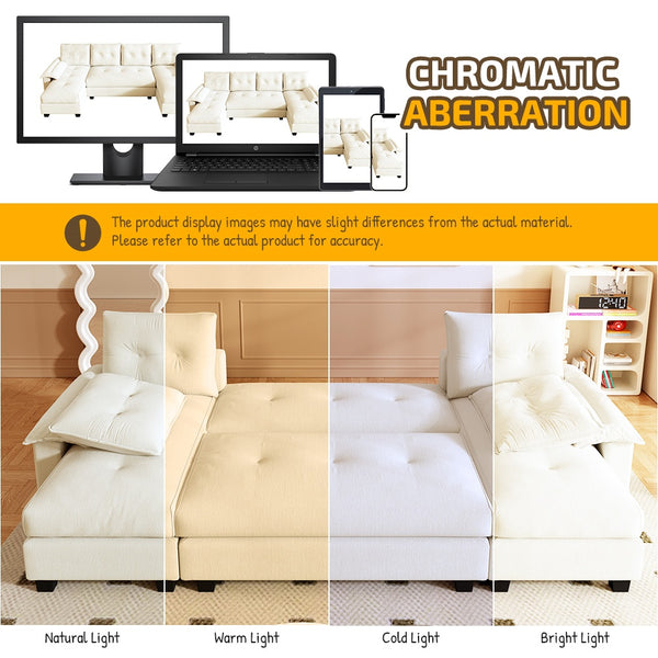 English Elm 104.7" U-Shaped Sleeper Sofa with Pull-Out Bed, Convertible Modular Sectional with Chaise, USB Ports, Chenille Upholstery Beige+White W1885S00211