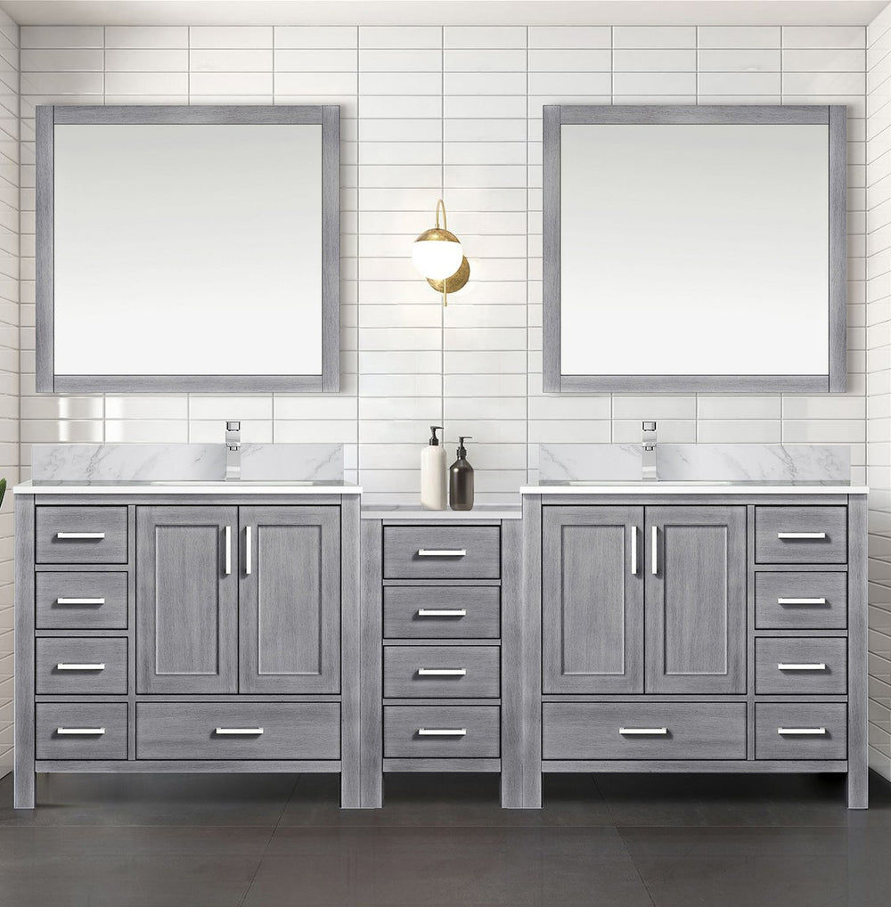 English Elm Distressed Grey Double Bath Vanity 92" W x 22" D with Carrara Marble Top, 14 Drawers & Chrome Faucets B2731S01190