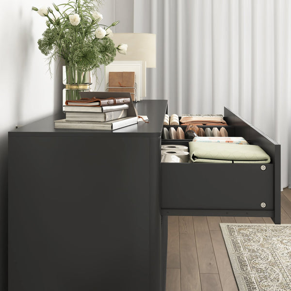 English Elm 9 Drawer Mid Century Wood Dresser Low Profile Matte Finish Bedroom Storage Cabinet Black W409S00011