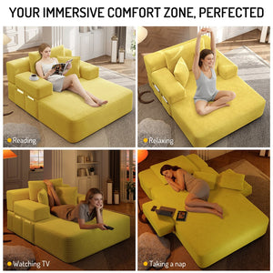 English Elm Luxurious Corduroy Frameless Chaise Sofa Bed with Spring Cushion and Storage Pocket Yellow W3219P496262