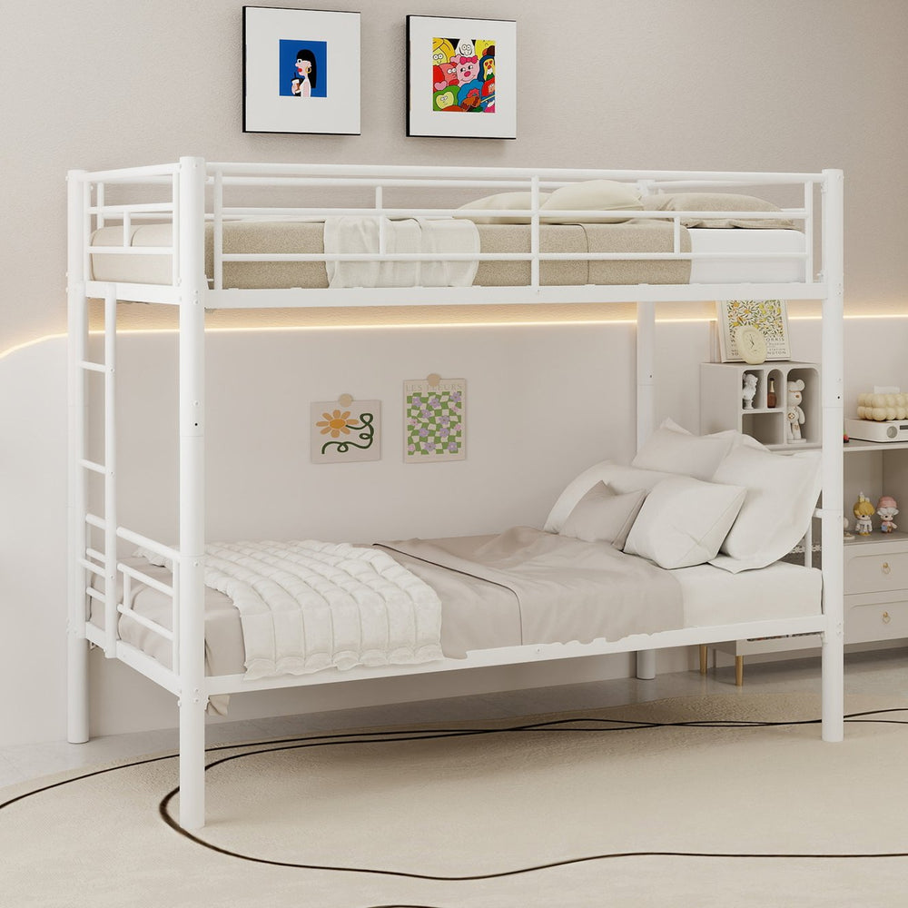 English Elm Twin Metal Bunk Bed for Kids Durable Sturdy Frame with Guardrails & Ladder, Convertible to 2 Beds White W1935P300320
