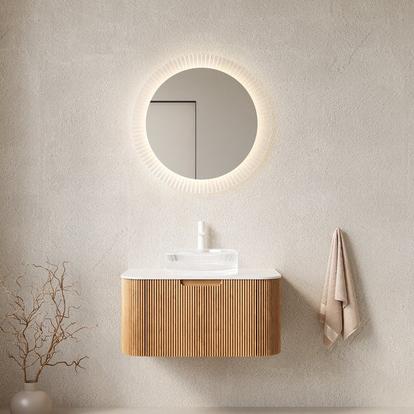 English Elm Muri Floating Bathroom Vanity Plywood Cabinet Sintered Stone Top Oak Drawer Carrara White,Natural Wood,Transparent W2615S00445