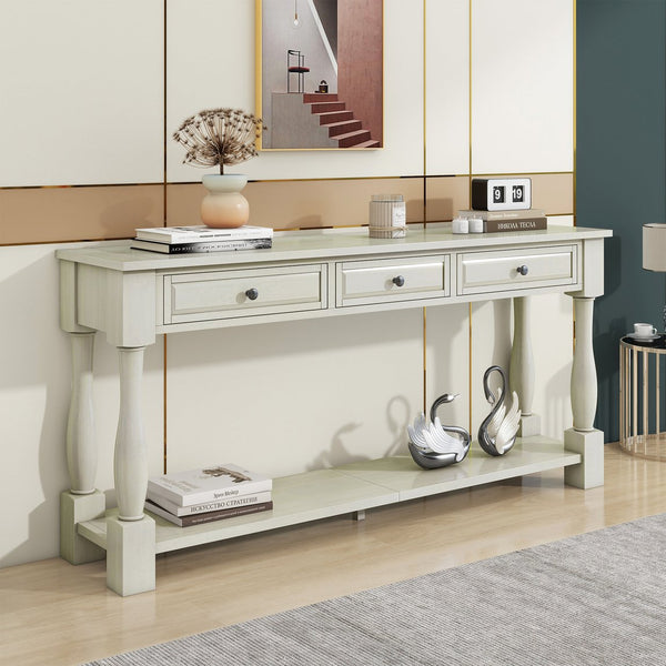 English Elm Trexm Distressed Entryway Console Table Three Drawers Open Shelf Mediterranean Wood Antique White N715P372052K