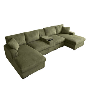 English Elm U Shaped Oversized Sectional Sofa with Double Chaise Console Cup Holders and Usb Port Green W1117S00266