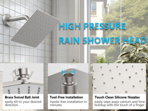 English Elm Shower 8" Square Rain Head Faucet Set with Single-Handle Mixer, 15" Arm, Rack Storage & Detachable Trim (Modern) Brushed Nickel T3177P269411